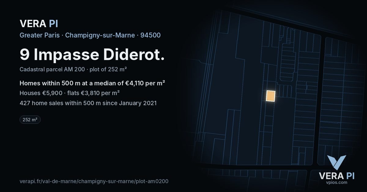 9 Impasse Diderot, Champigny-sur-Marne at night – the plot lit, the parcels around coloured by the prices near them