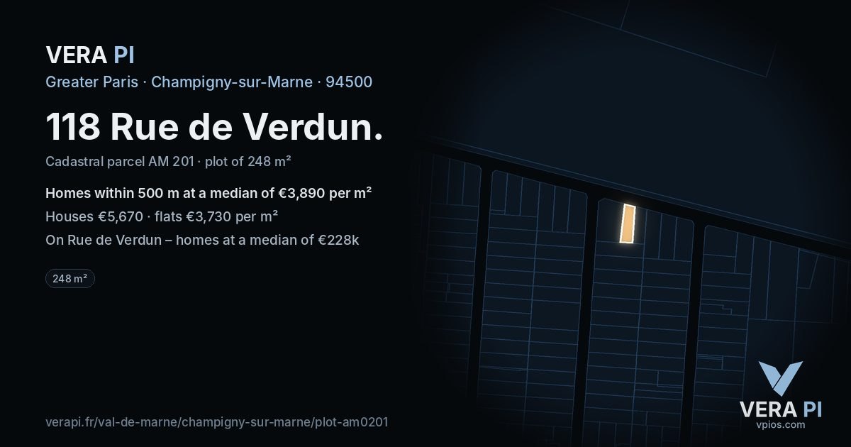 118 Rue de Verdun, Champigny-sur-Marne at night – the plot lit, the parcels around coloured by the prices near them