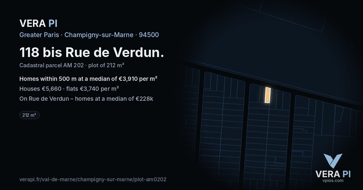 118 bis Rue de Verdun, Champigny-sur-Marne at night – the plot lit, the parcels around coloured by the prices near them