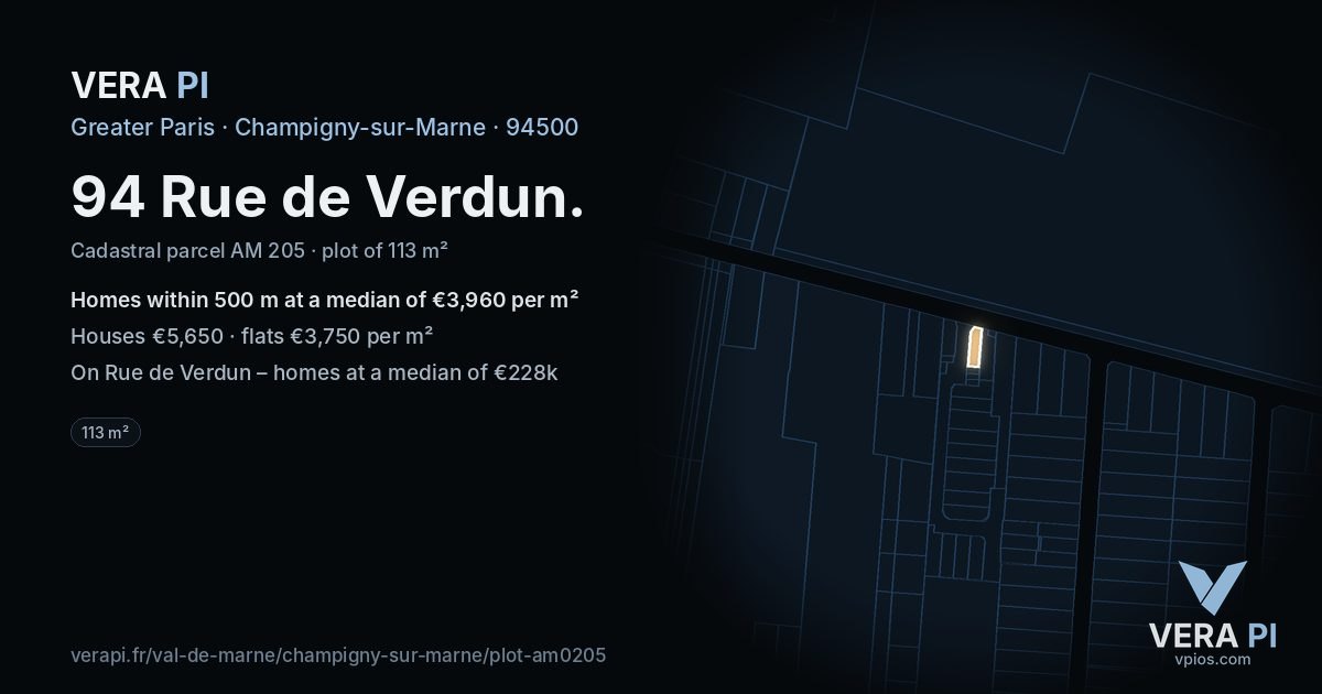 94 Rue de Verdun, Champigny-sur-Marne at night – the plot lit, the parcels around coloured by the prices near them
