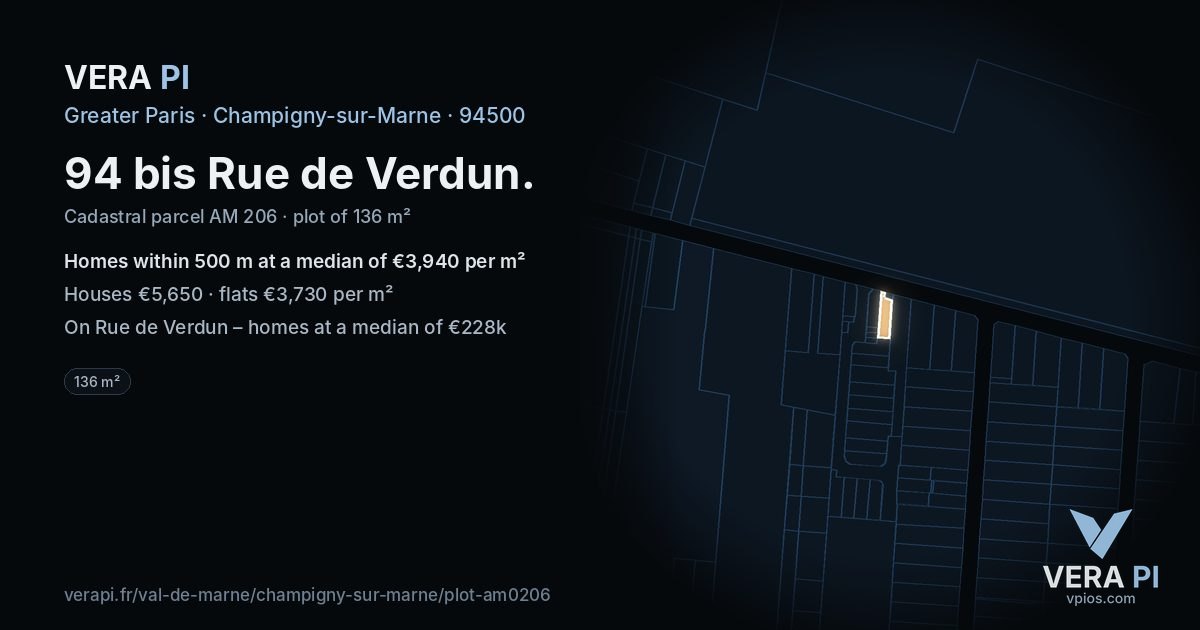 94 bis Rue de Verdun, Champigny-sur-Marne at night – the plot lit, the parcels around coloured by the prices near them