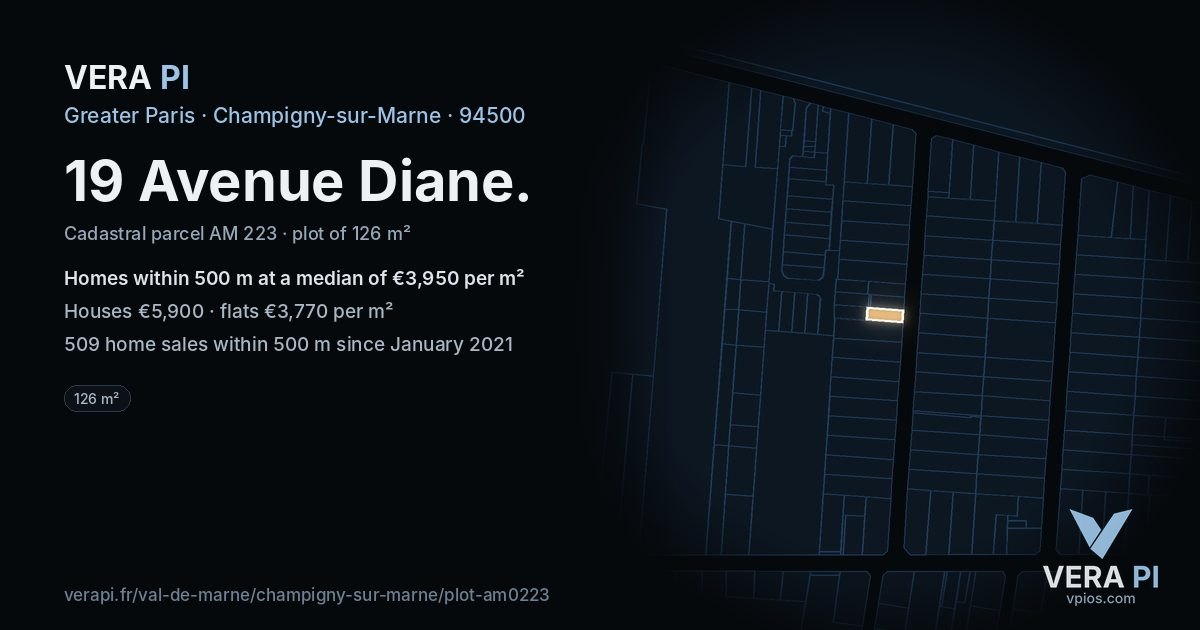 19 Avenue Diane, Champigny-sur-Marne at night – the plot lit, the parcels around coloured by the prices near them