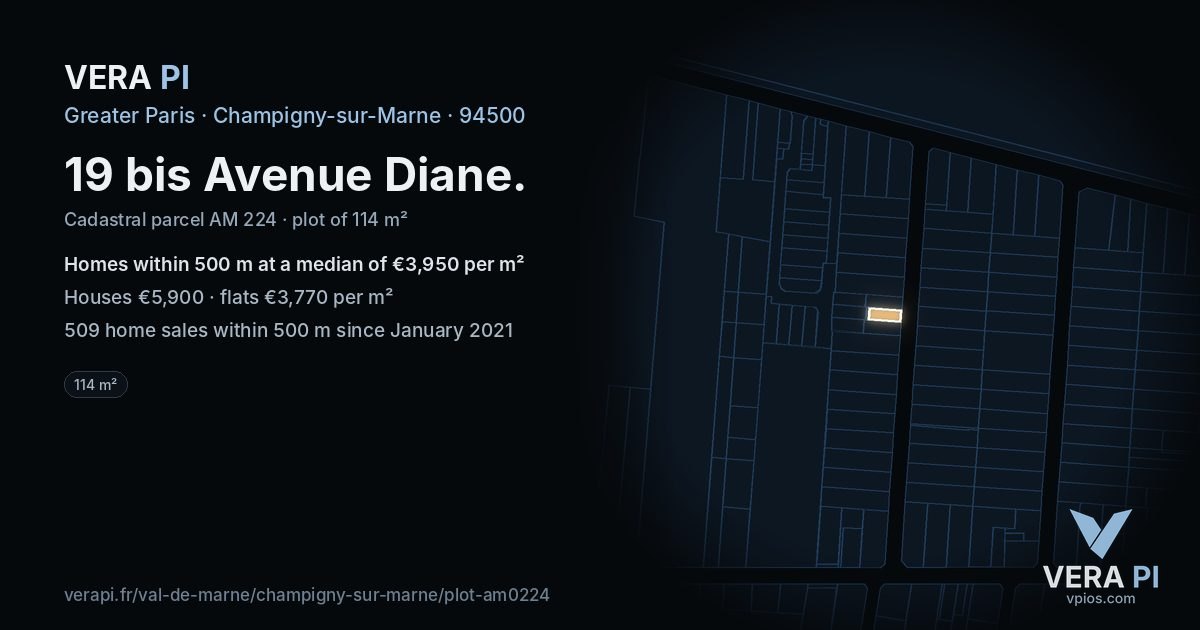 19 bis Avenue Diane, Champigny-sur-Marne at night – the plot lit, the parcels around coloured by the prices near them