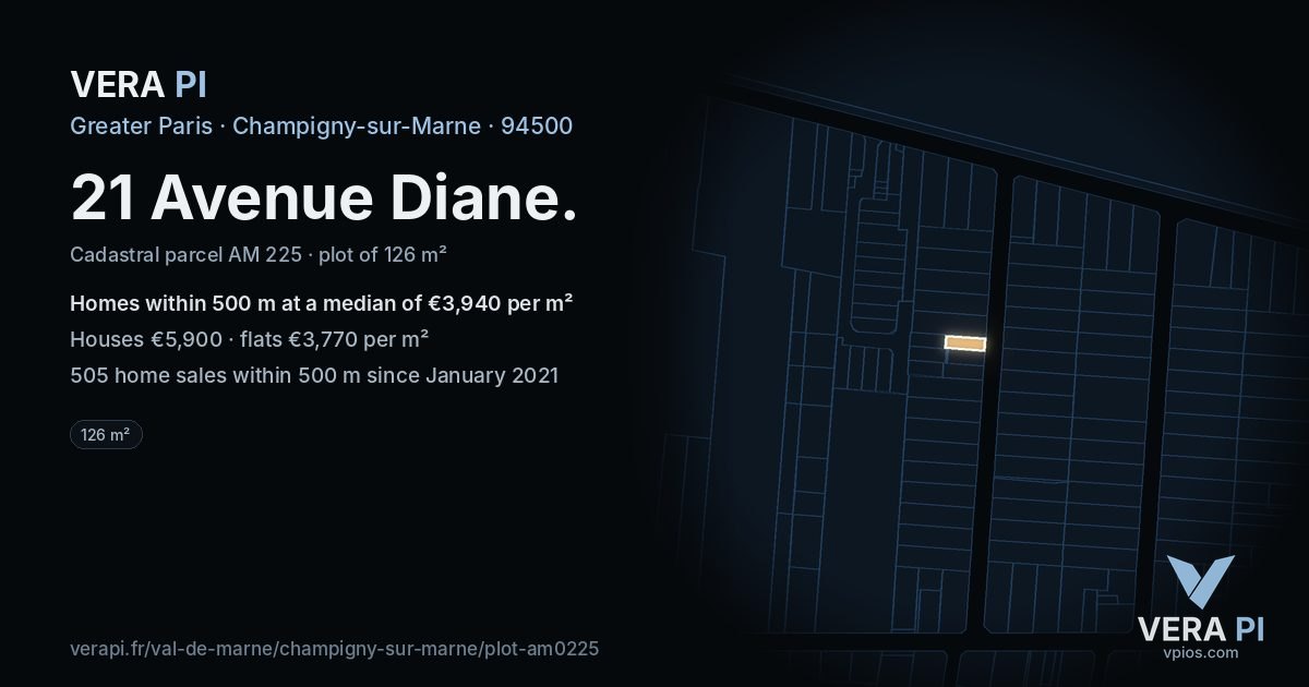 21 Avenue Diane, Champigny-sur-Marne at night – the plot lit, the parcels around coloured by the prices near them