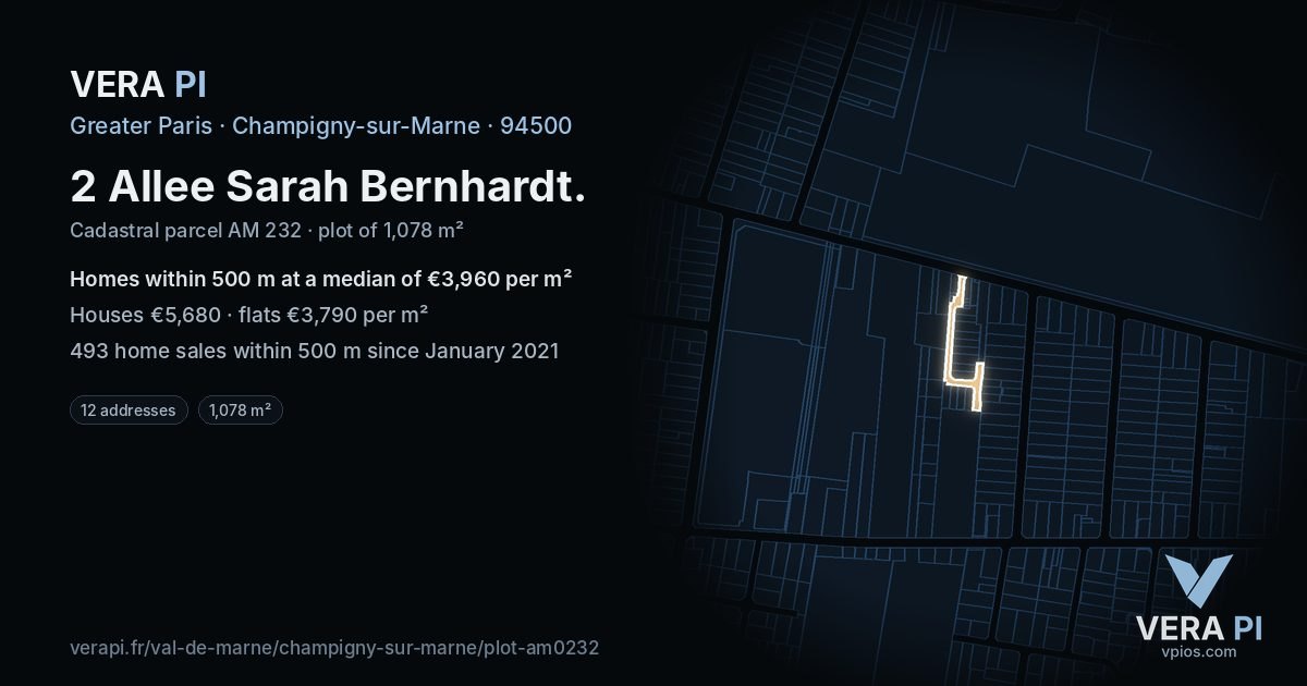2 Allee Sarah Bernhardt, Champigny-sur-Marne at night – the plot lit, the parcels around coloured by the prices near them