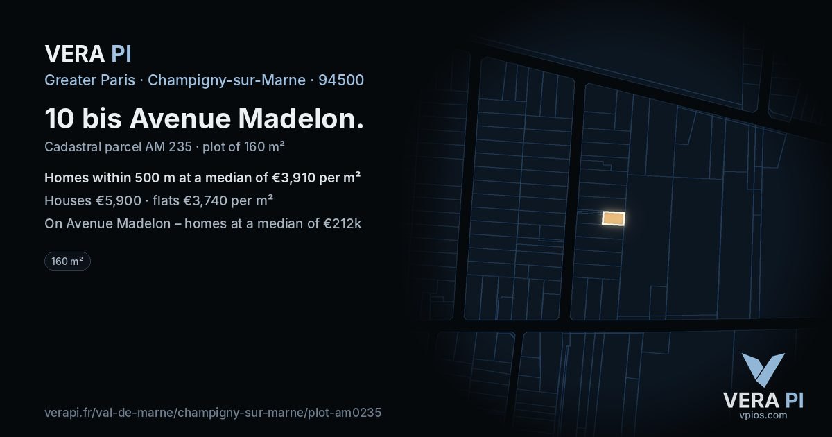 10 bis Avenue Madelon, Champigny-sur-Marne at night – the plot lit, the parcels around coloured by the prices near them