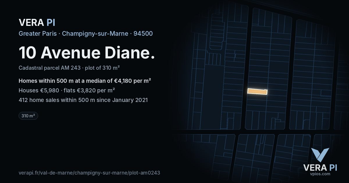 10 Avenue Diane, Champigny-sur-Marne at night – the plot lit, the parcels around coloured by the prices near them