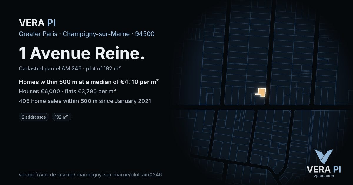 1 Avenue Reine, Champigny-sur-Marne at night – the plot lit, the parcels around coloured by the prices near them