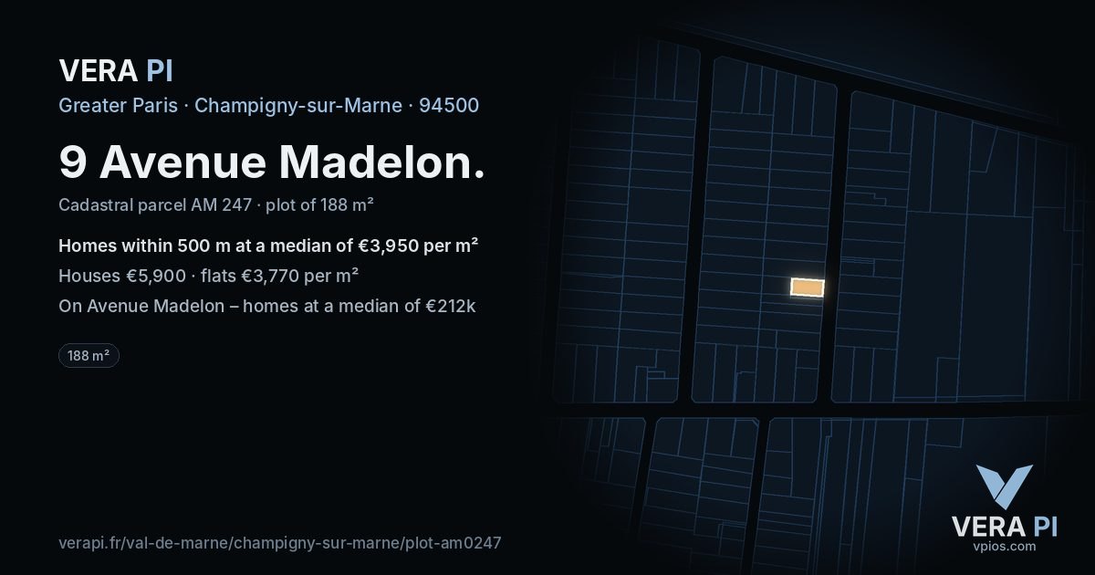 9 Avenue Madelon, Champigny-sur-Marne at night – the plot lit, the parcels around coloured by the prices near them