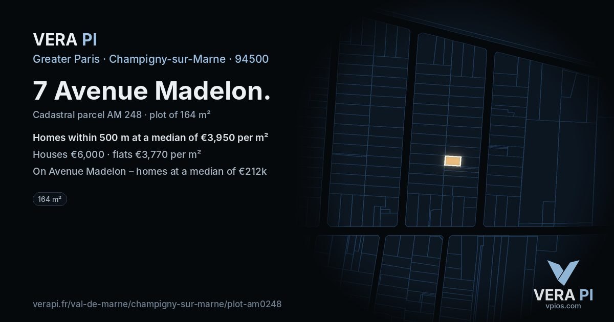 7 Avenue Madelon, Champigny-sur-Marne at night – the plot lit, the parcels around coloured by the prices near them