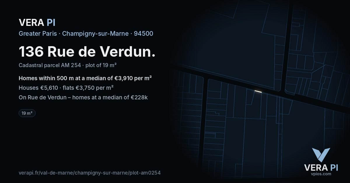 136 Rue de Verdun, Champigny-sur-Marne at night – the plot lit, the parcels around coloured by the prices near them