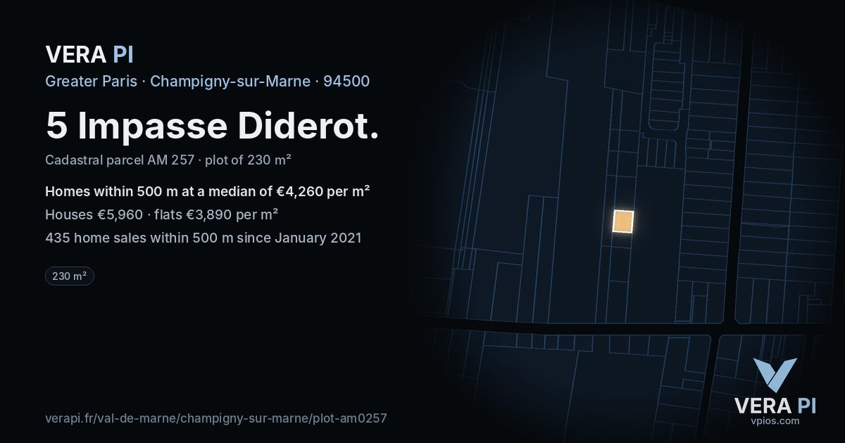 5 Impasse Diderot, Champigny-sur-Marne at night – the plot lit, the parcels around coloured by the prices near them