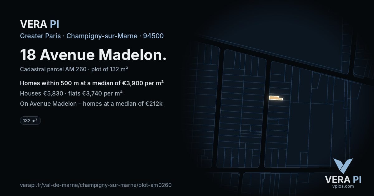 18 Avenue Madelon, Champigny-sur-Marne at night – the plot lit, the parcels around coloured by the prices near them