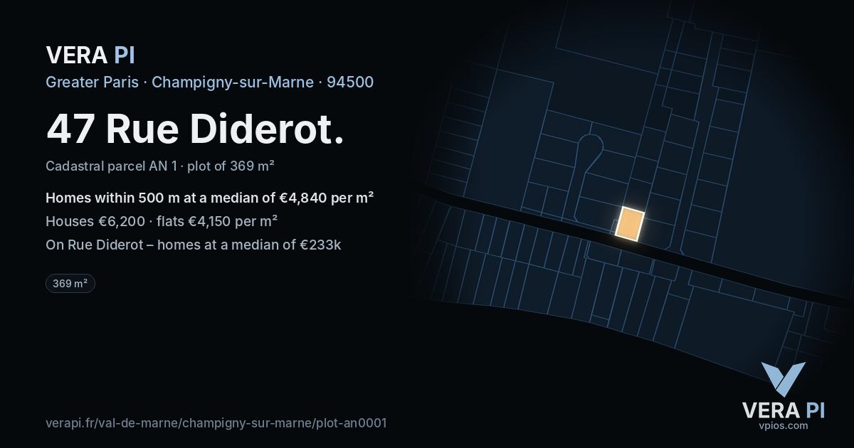 47 Rue Diderot, Champigny-sur-Marne at night – the plot lit, the parcels around coloured by the prices near them