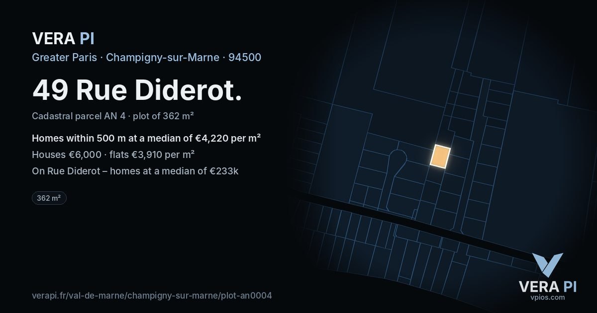 49 Rue Diderot, Champigny-sur-Marne at night – the plot lit, the parcels around coloured by the prices near them