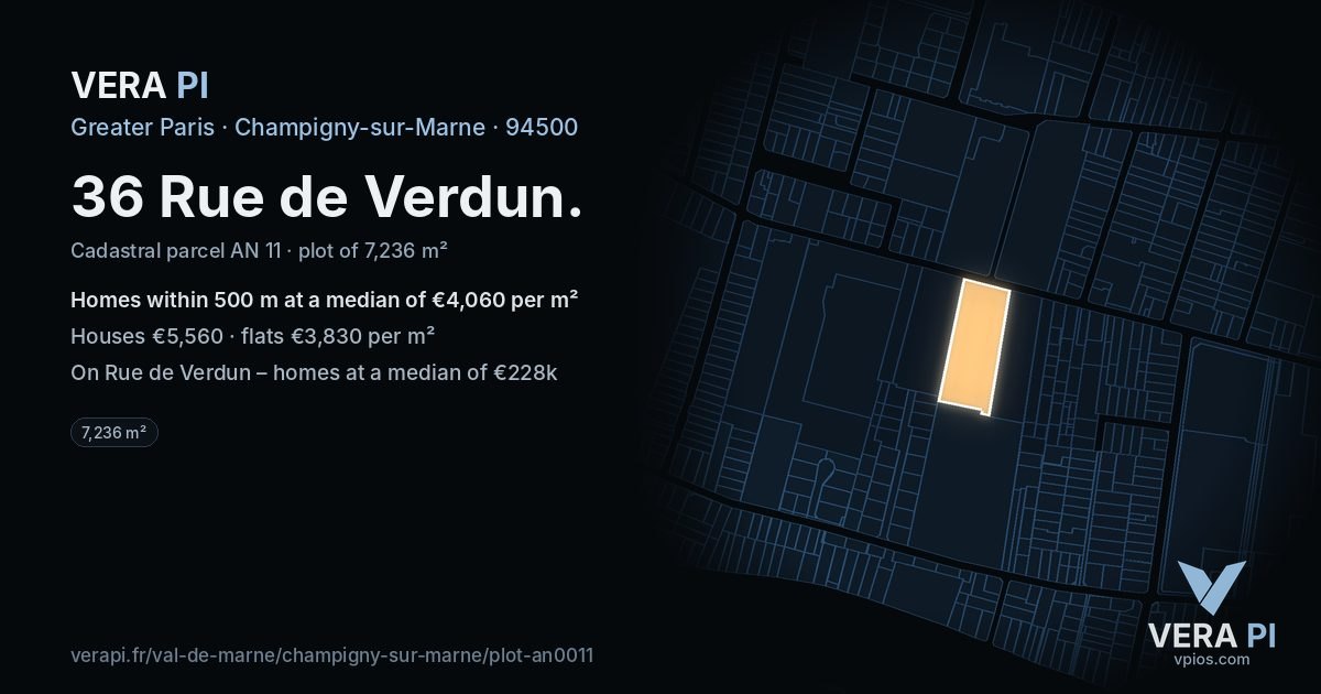 36 Rue de Verdun, Champigny-sur-Marne at night – the plot lit, the parcels around coloured by the prices near them