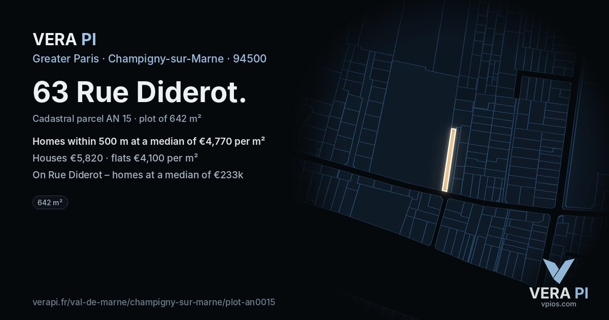 63 Rue Diderot, Champigny-sur-Marne at night – the plot lit, the parcels around coloured by the prices near them