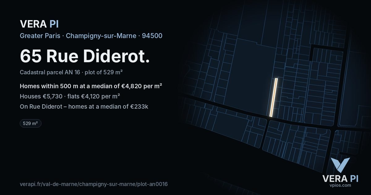 65 Rue Diderot, Champigny-sur-Marne at night – the plot lit, the parcels around coloured by the prices near them
