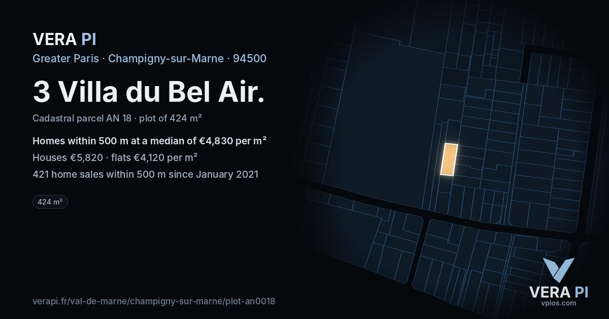 3 Villa du Bel Air, Champigny-sur-Marne at night – the plot lit, the parcels around coloured by the prices near them