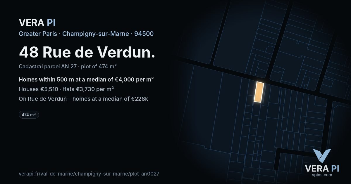 48 Rue de Verdun, Champigny-sur-Marne at night – the plot lit, the parcels around coloured by the prices near them