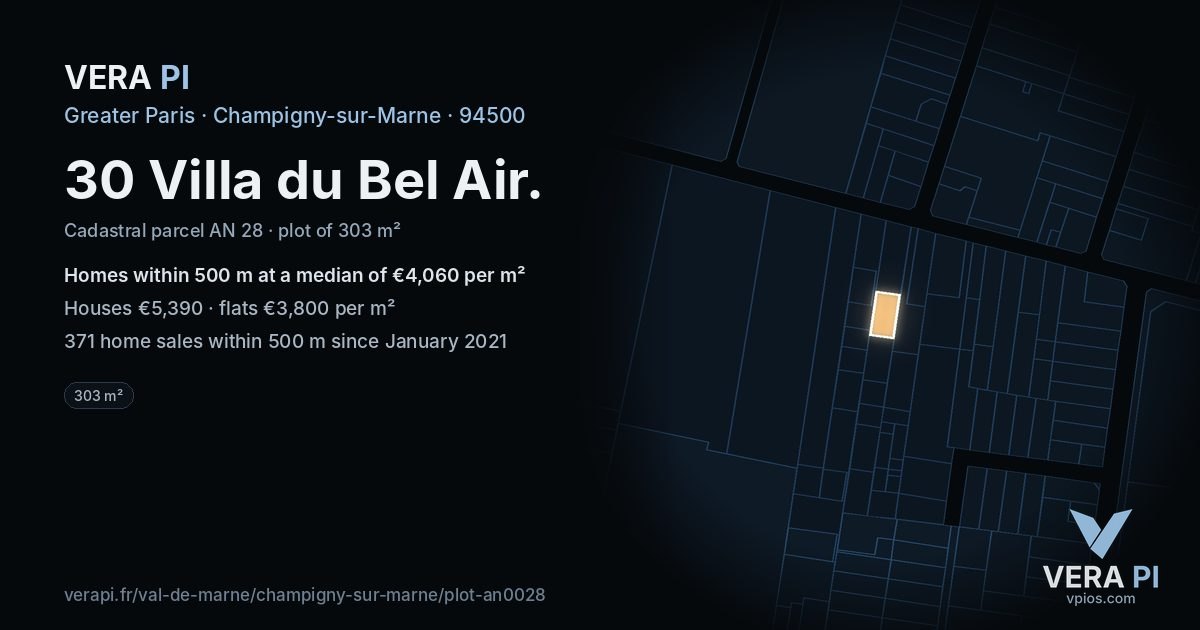 30 Villa du Bel Air, Champigny-sur-Marne at night – the plot lit, the parcels around coloured by the prices near them