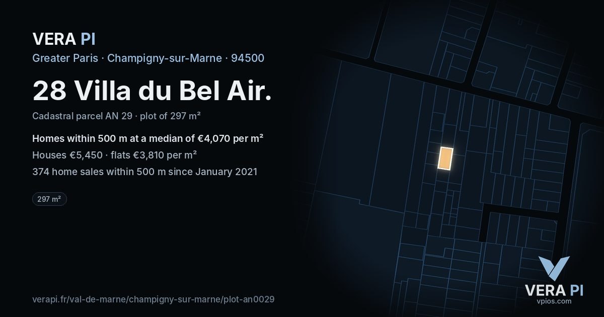 28 Villa du Bel Air, Champigny-sur-Marne at night – the plot lit, the parcels around coloured by the prices near them