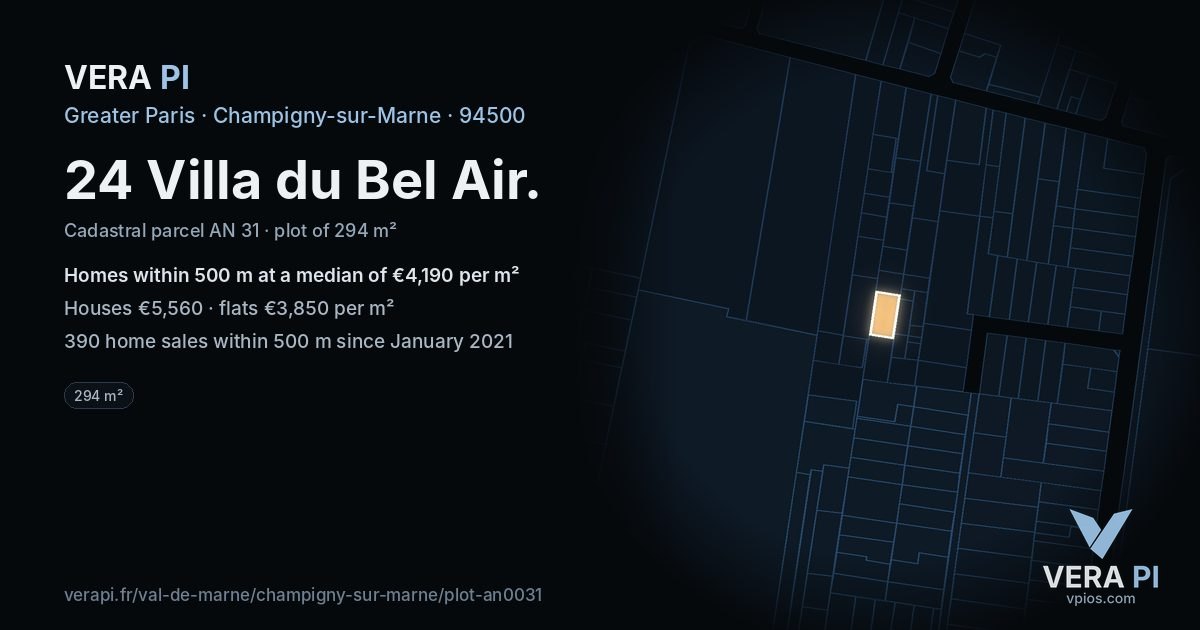24 Villa du Bel Air, Champigny-sur-Marne at night – the plot lit, the parcels around coloured by the prices near them