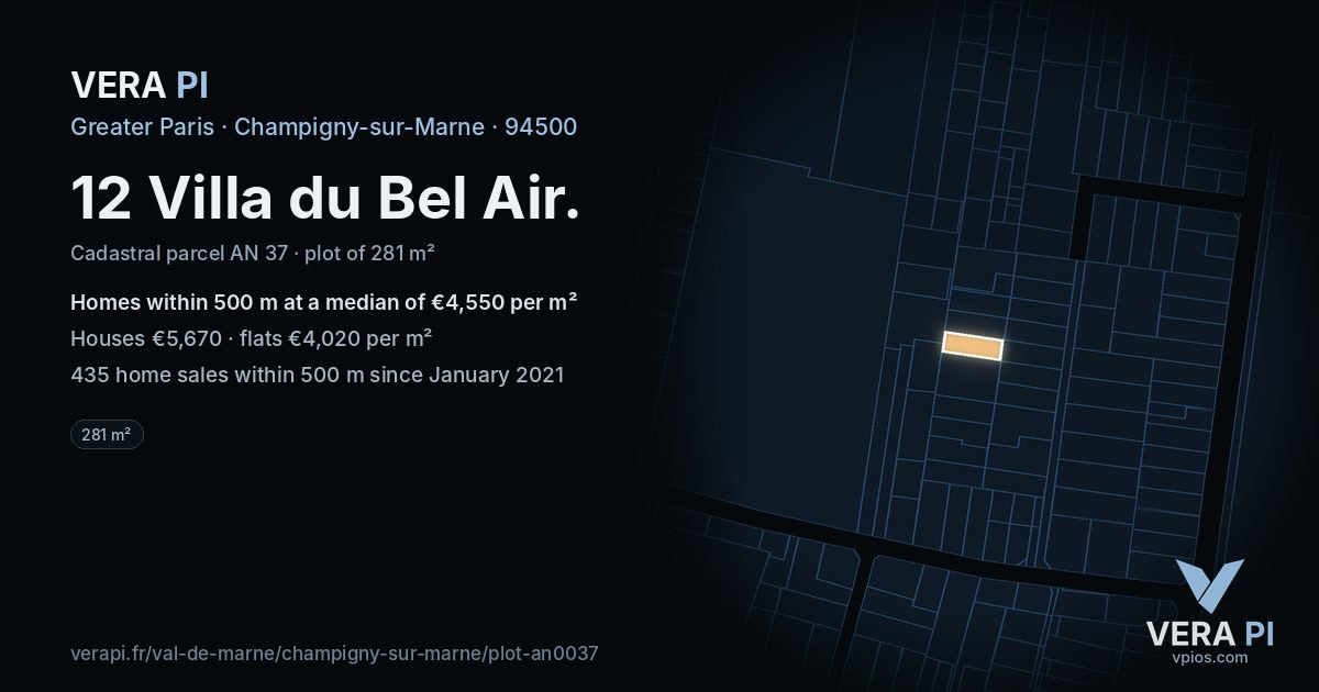 12 Villa du Bel Air, Champigny-sur-Marne at night – the plot lit, the parcels around coloured by the prices near them