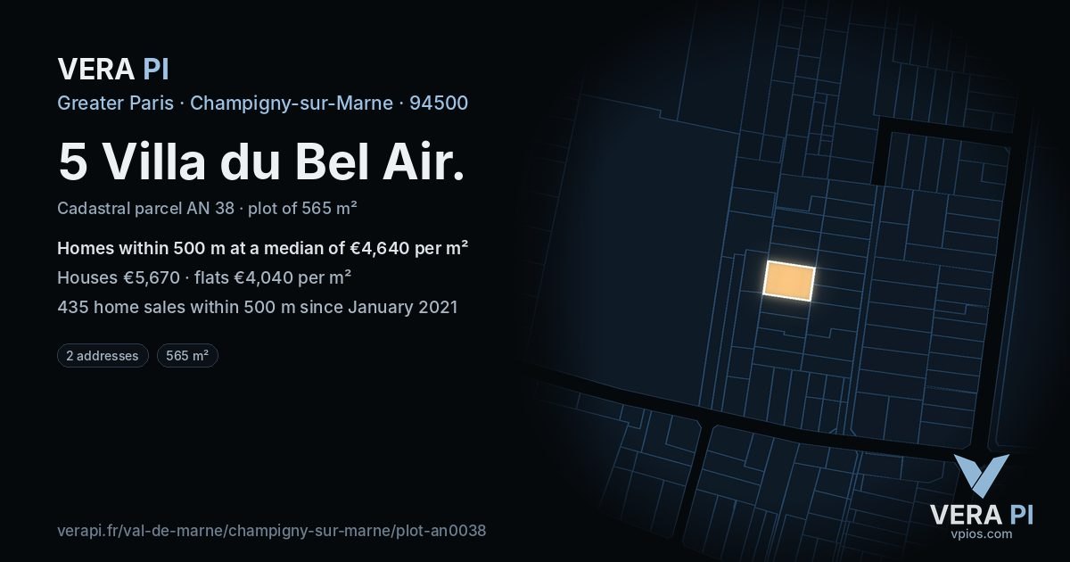 5 Villa du Bel Air, Champigny-sur-Marne at night – the plot lit, the parcels around coloured by the prices near them