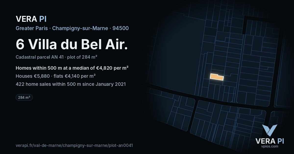 6 Villa du Bel Air, Champigny-sur-Marne at night – the plot lit, the parcels around coloured by the prices near them