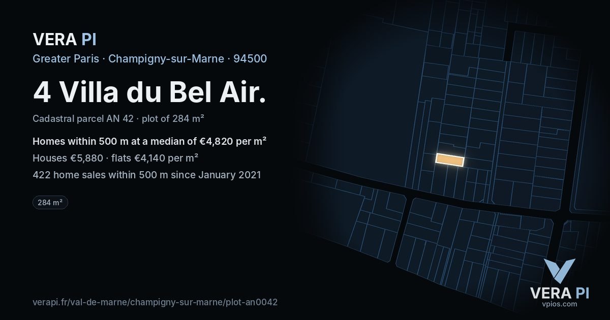 4 Villa du Bel Air, Champigny-sur-Marne at night – the plot lit, the parcels around coloured by the prices near them