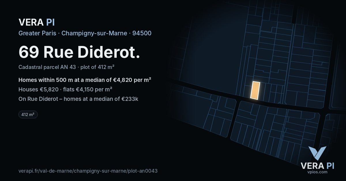 69 Rue Diderot, Champigny-sur-Marne at night – the plot lit, the parcels around coloured by the prices near them
