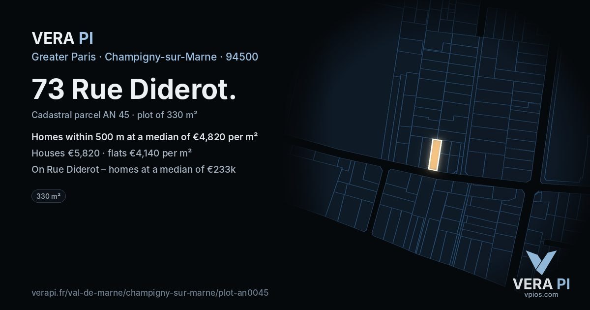 73 Rue Diderot, Champigny-sur-Marne at night – the plot lit, the parcels around coloured by the prices near them