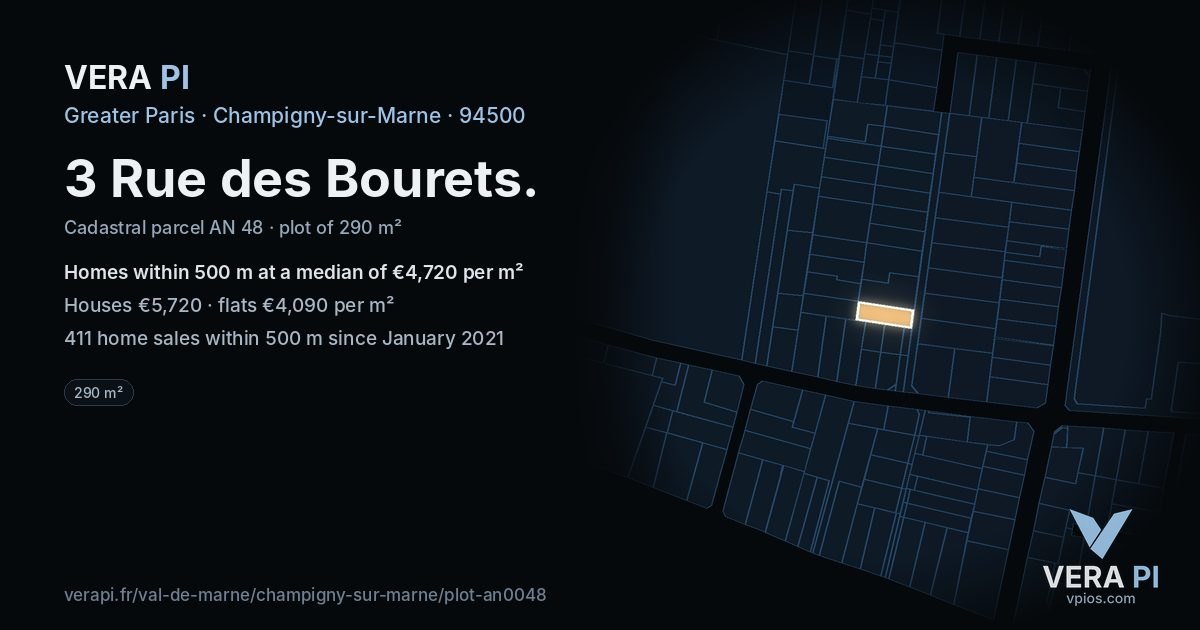 3 Rue des Bourets, Champigny-sur-Marne at night – the plot lit, the parcels around coloured by the prices near them