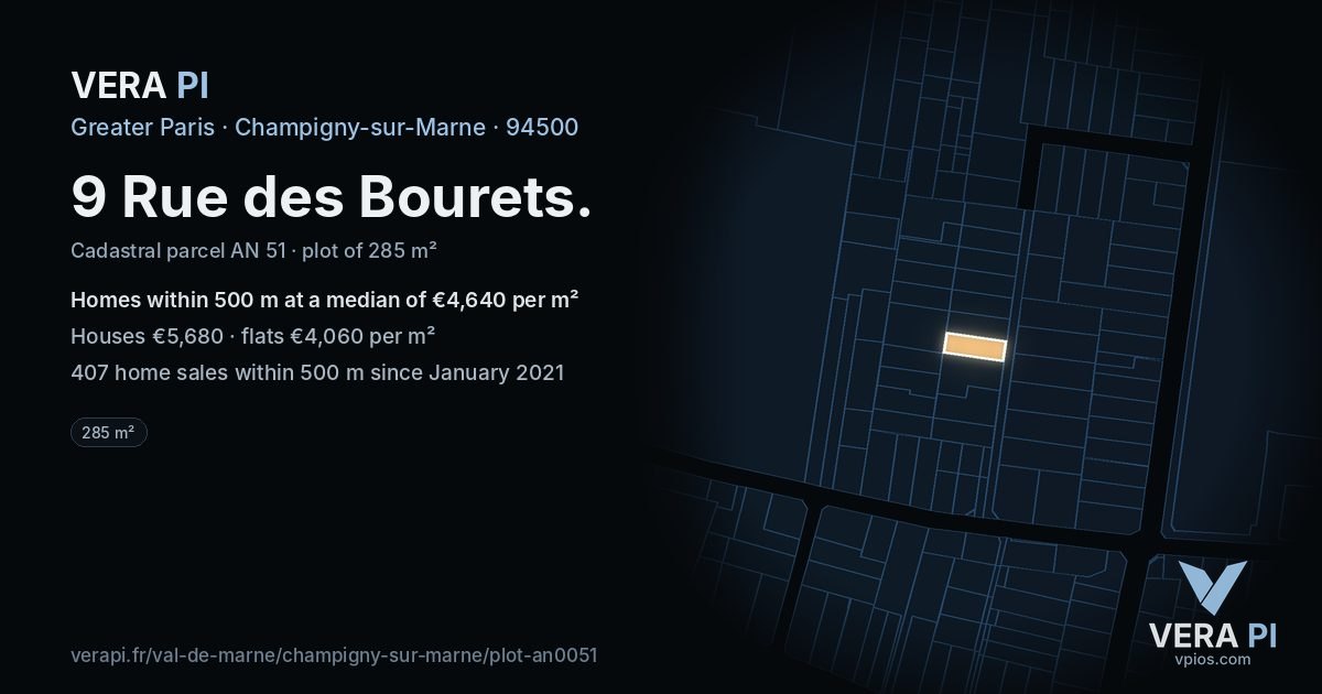9 Rue des Bourets, Champigny-sur-Marne at night – the plot lit, the parcels around coloured by the prices near them