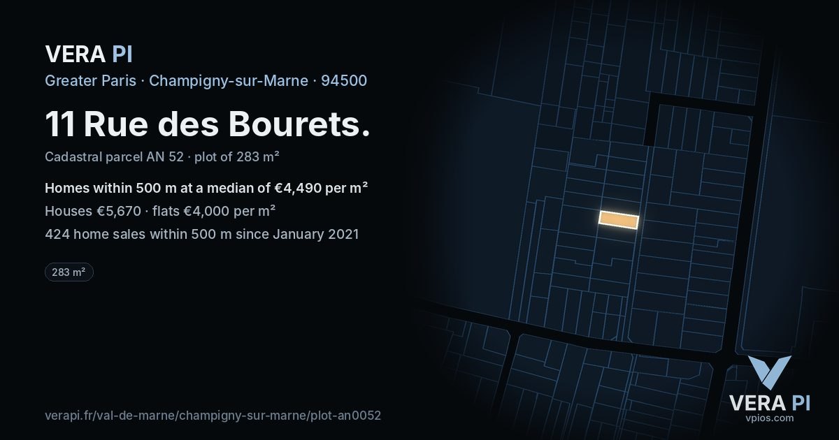 11 Rue des Bourets, Champigny-sur-Marne at night – the plot lit, the parcels around coloured by the prices near them