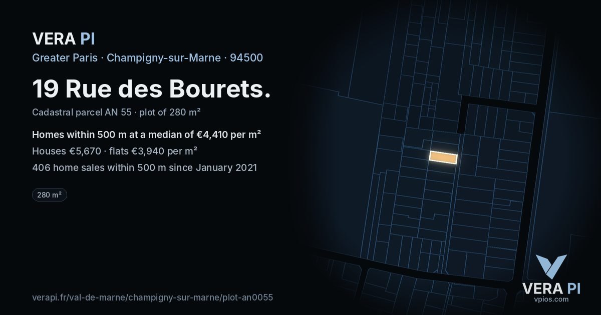 19 Rue des Bourets, Champigny-sur-Marne at night – the plot lit, the parcels around coloured by the prices near them