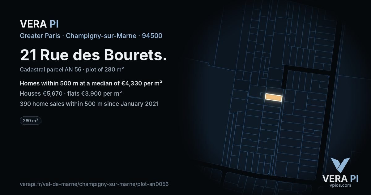 21 Rue des Bourets, Champigny-sur-Marne at night – the plot lit, the parcels around coloured by the prices near them