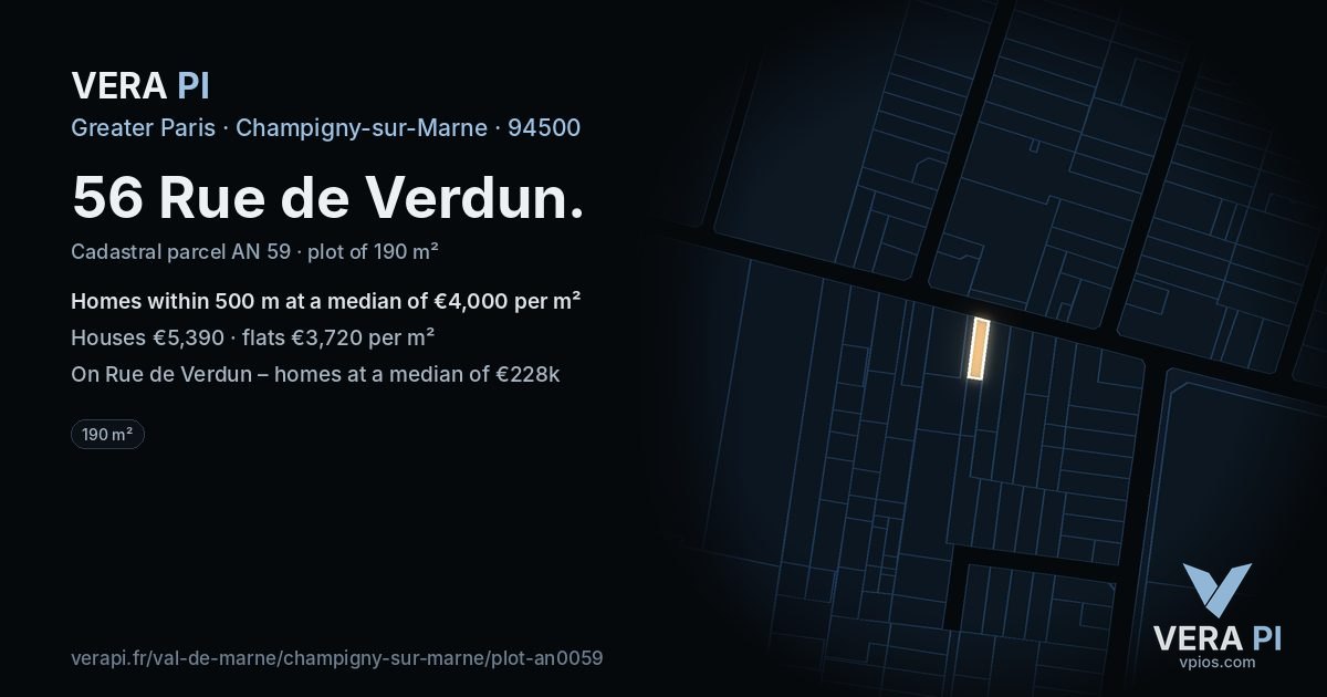 56 Rue de Verdun, Champigny-sur-Marne at night – the plot lit, the parcels around coloured by the prices near them