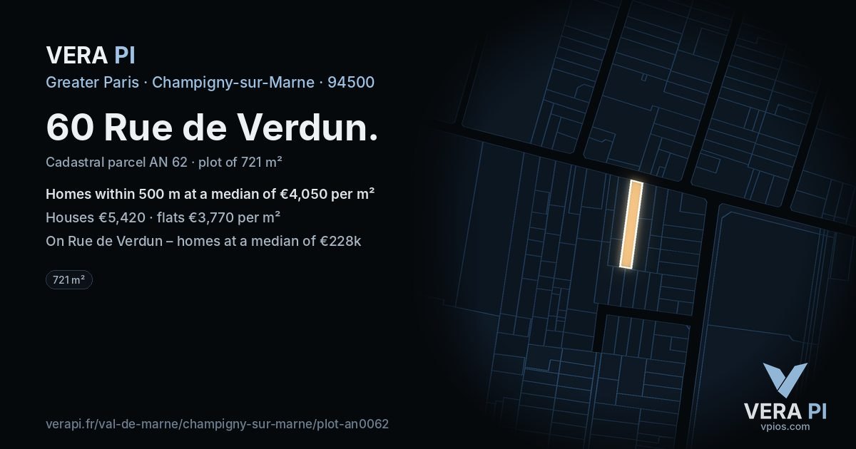 60 Rue de Verdun, Champigny-sur-Marne at night – the plot lit, the parcels around coloured by the prices near them
