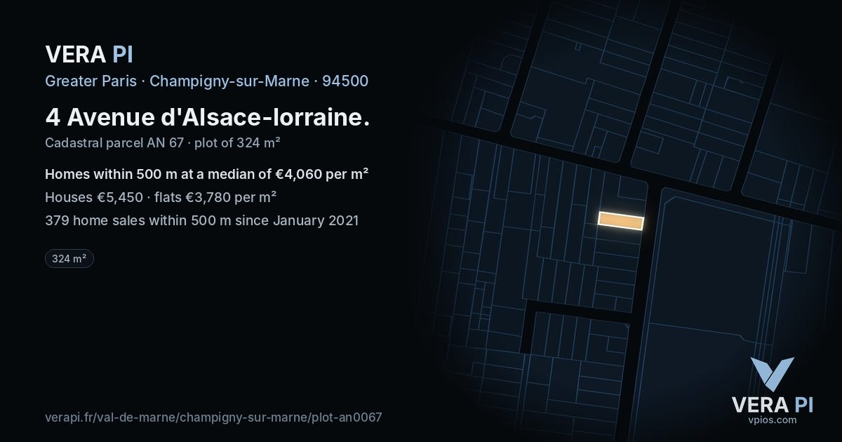 4 Avenue d'Alsace-lorraine, Champigny-sur-Marne at night – the plot lit, the parcels around coloured by the prices near them