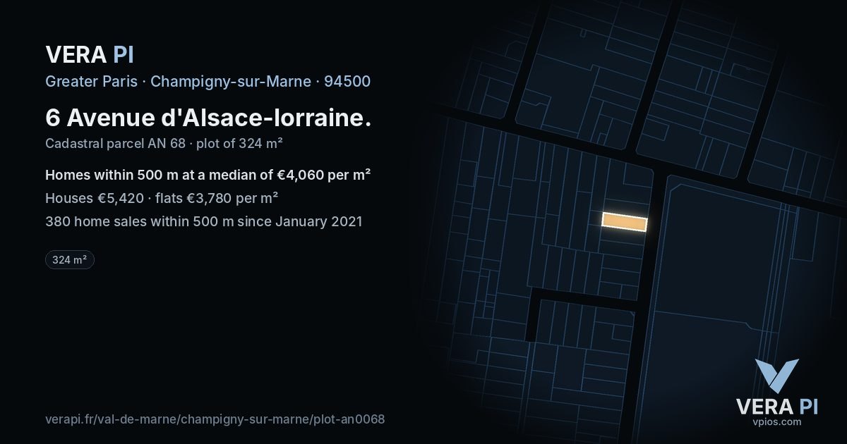 6 Avenue d'Alsace-lorraine, Champigny-sur-Marne at night – the plot lit, the parcels around coloured by the prices near them