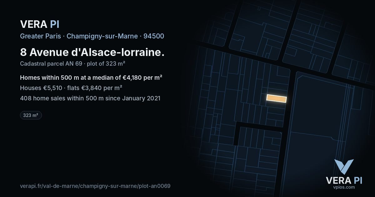 8 Avenue d'Alsace-lorraine, Champigny-sur-Marne at night – the plot lit, the parcels around coloured by the prices near them