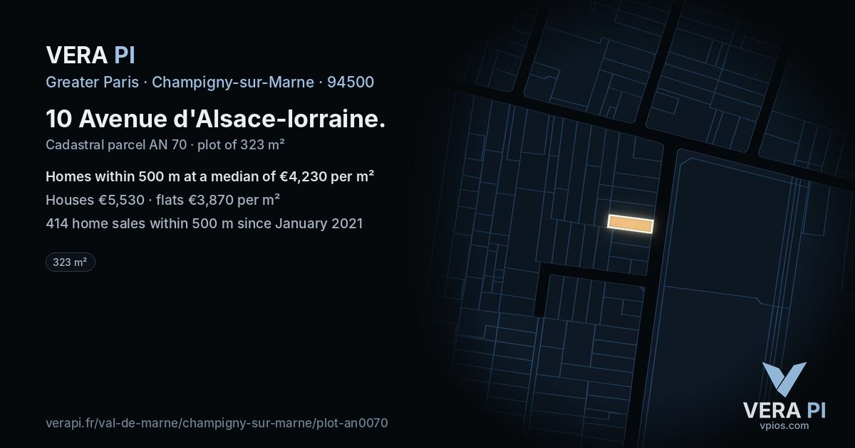 10 Avenue d'Alsace-lorraine, Champigny-sur-Marne at night – the plot lit, the parcels around coloured by the prices near them