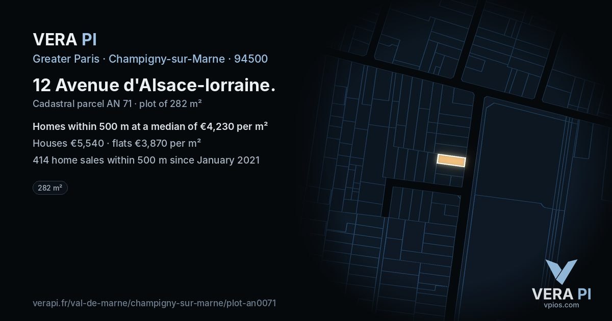 12 Avenue d'Alsace-lorraine, Champigny-sur-Marne at night – the plot lit, the parcels around coloured by the prices near them