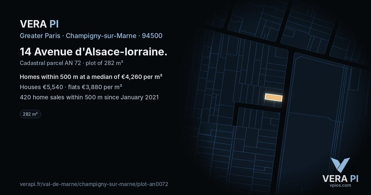 14 Avenue d'Alsace-lorraine, Champigny-sur-Marne at night – the plot lit, the parcels around coloured by the prices near them
