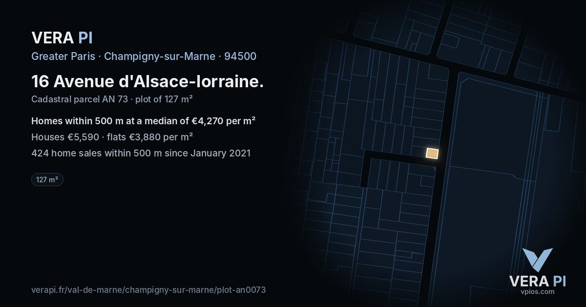 16 Avenue d'Alsace-lorraine, Champigny-sur-Marne at night – the plot lit, the parcels around coloured by the prices near them