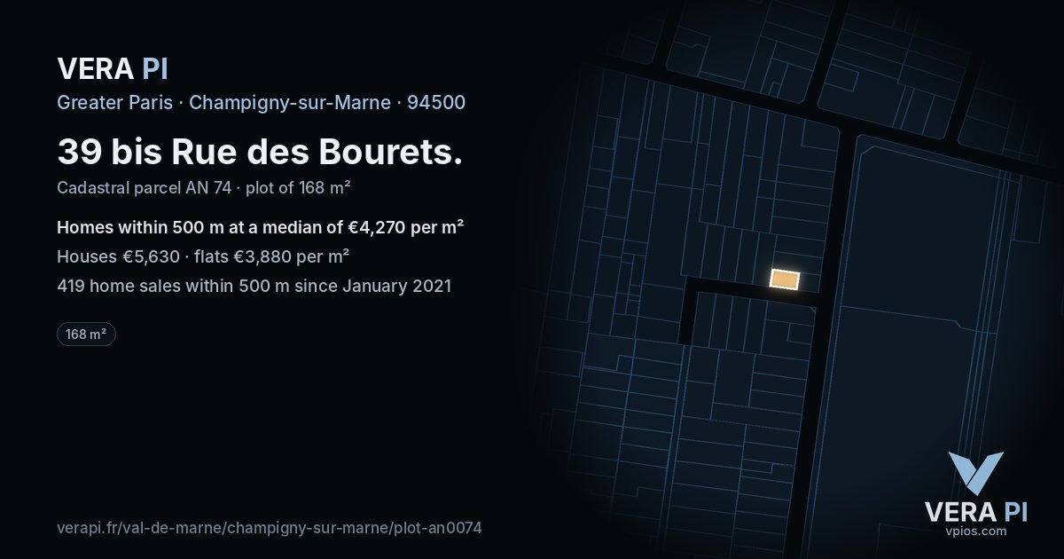 39 bis Rue des Bourets, Champigny-sur-Marne at night – the plot lit, the parcels around coloured by the prices near them
