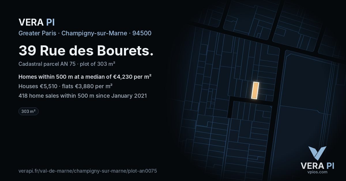 39 Rue des Bourets, Champigny-sur-Marne at night – the plot lit, the parcels around coloured by the prices near them
