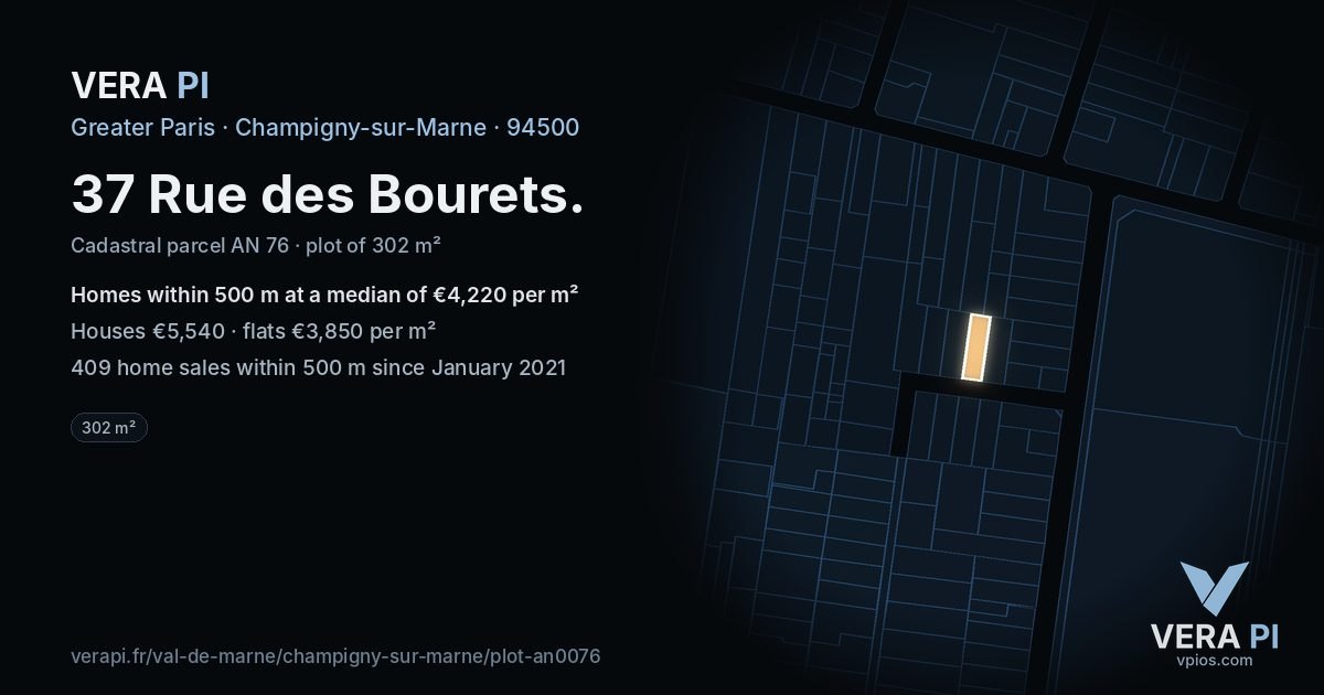 37 Rue des Bourets, Champigny-sur-Marne at night – the plot lit, the parcels around coloured by the prices near them